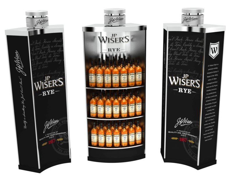 three retail displays that look like bottles of rye whiskey. The centre display holds many bottles of rye whiskey for purchase
