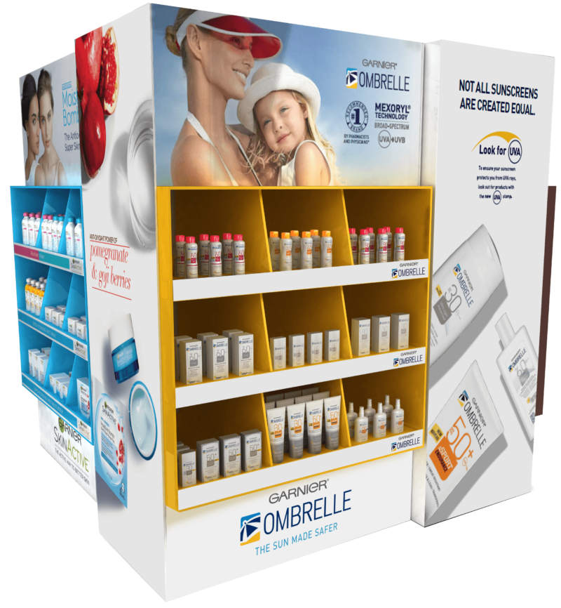 retail pallet display for sunscreen brand showing three shelves on each of four sides with graphic communications on the right hand side