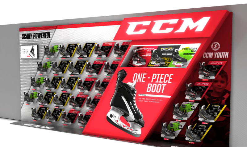 CCM Hockey Skate wall in a retail store showing samples of high-end hockey skates for adults and youth