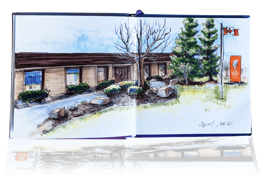 Artistic sketch in an open sketch book of the exterior of The Central Group's Head Office building.