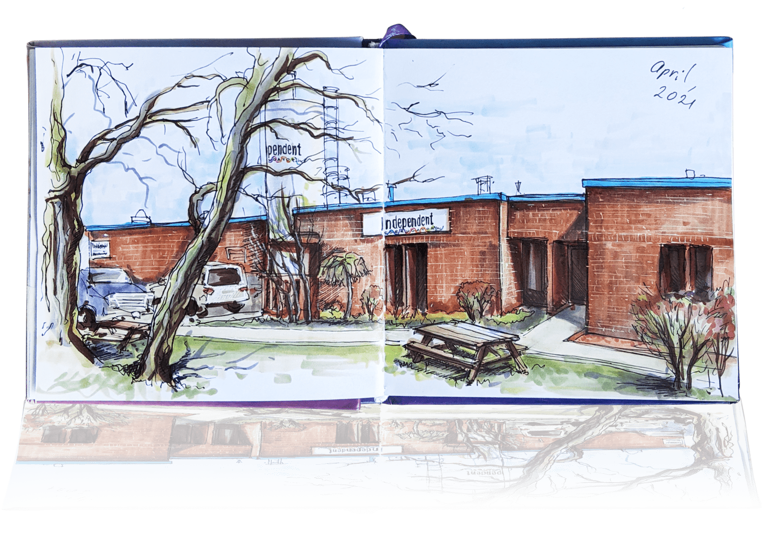 Artistic sketch in an open sketch book of the exterior of Independent Corrugator Inc. building.