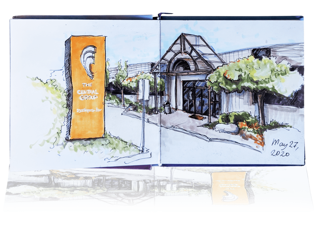 Artistic sketch in an open sketch book of the exterior of The Central Group's Innovation Centre office building.