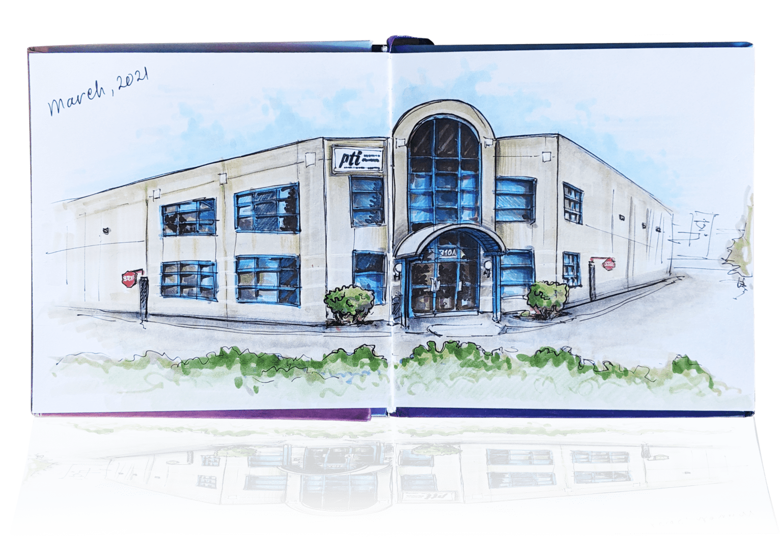 Artistic sketch in an open sketch book of the exterior of Packaging Technologies Inc. building.