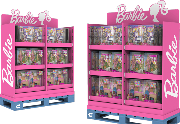 Two bright pink retail quarter pallet floor stands holding Barbie dolls